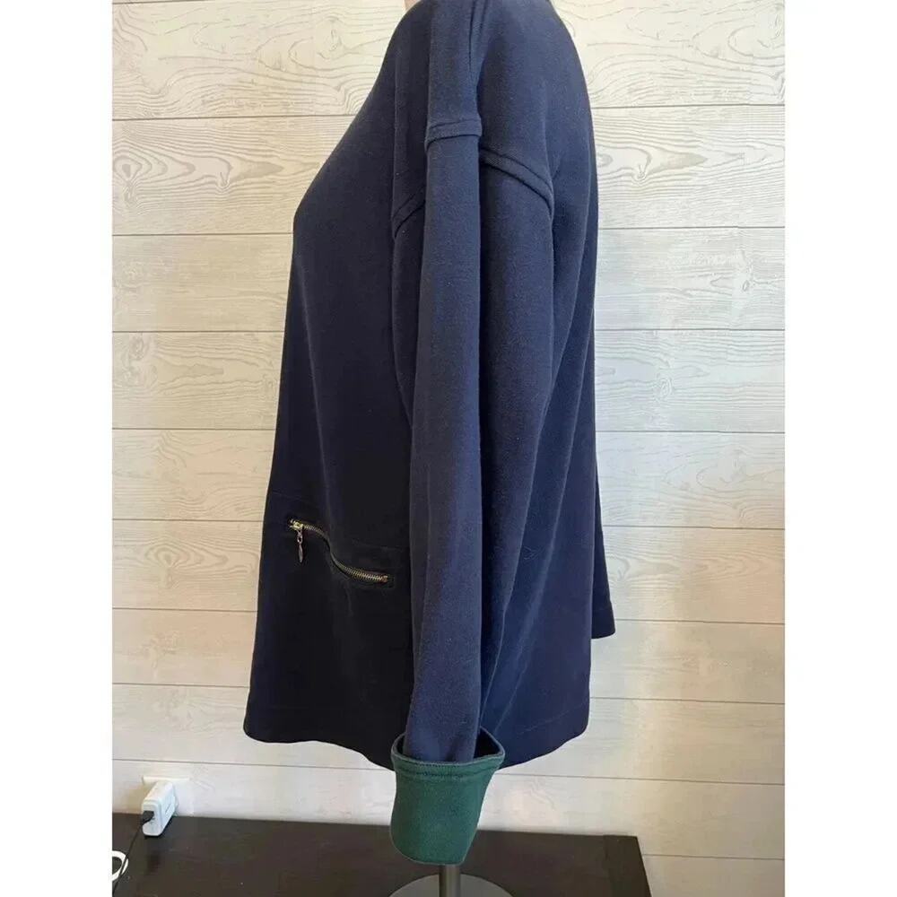 Talbots Navy Blue Full Zip Cotton Sweatshirt Jacket Forest Green Cuffs Medium - Picture 7 of 8